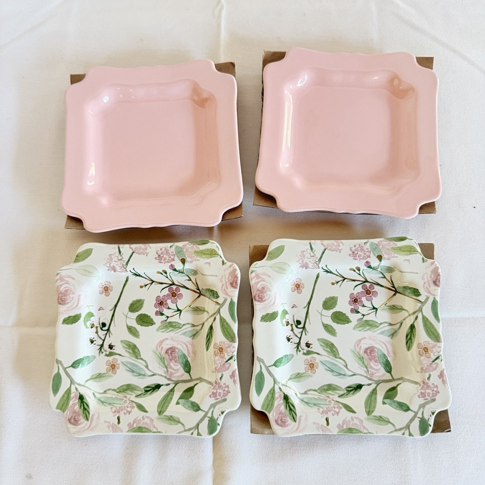 Sweet Laurel 6 In Square Dessert Plates Set of 4 Pink Floral Victorian Style NIB